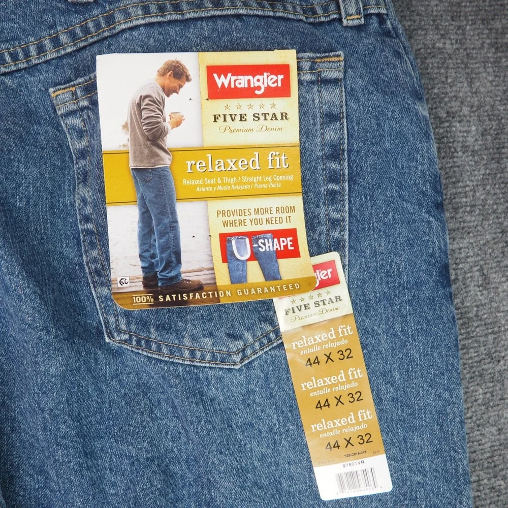 Wrangler Jeans Mens 44x32 Five Star Relaxed Fit Blue Denim 97601VR Western Work